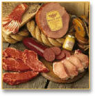 Sugardale Executive Treasure Chest Half Beauty Ham , Four Boneless Strip Steaks, Sugar Cured Sliced Slab Bacon (2), Four Center Cut Boneless Pork Chops, Smoky Beef Summer Sausage Log , Sugardale Hot/Sweet Mustard, Cutting Board